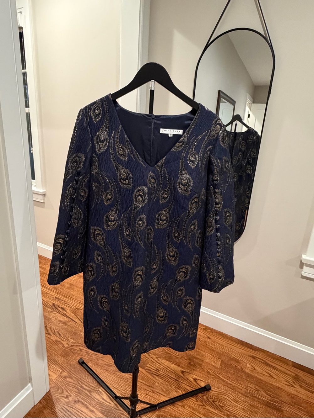 Trina Turk Navy Mini Dress with Gold Peacock Jacquard